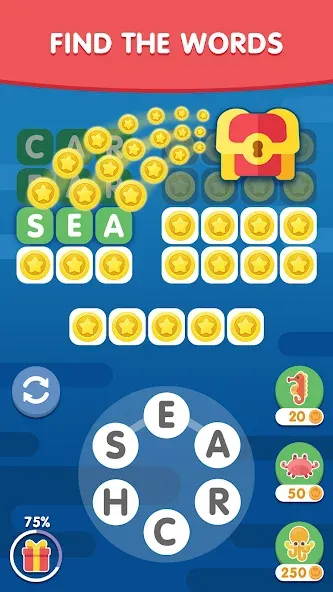Word Search Sea: Word Puzzle [МОД: Меню, Бесконечные монеты и Открытые уровни] Screenshot 1