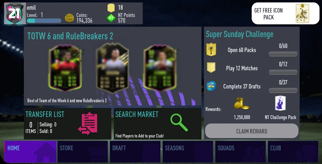 NT 21 Draft + Pack Opener [МОД: Меню, Бесконечные монеты и Открытые уровни] Screenshot 4